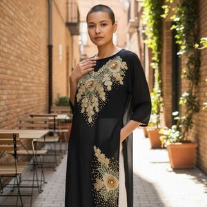 Black Gold Floral Beaded Chiffon Maxi Dress V-Neck 3/4 Sleeve Sheer